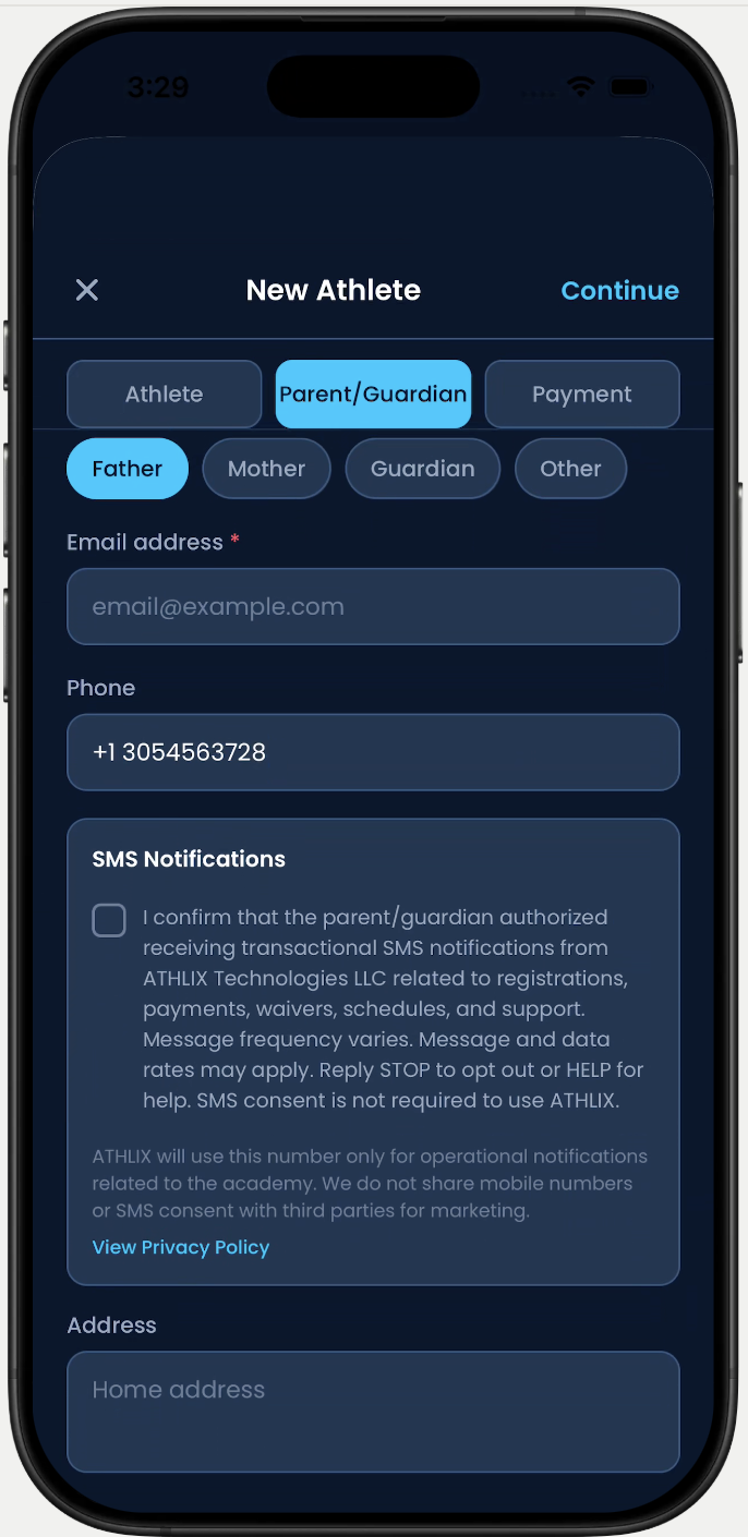 Mobile app SMS consent checkbox (English)