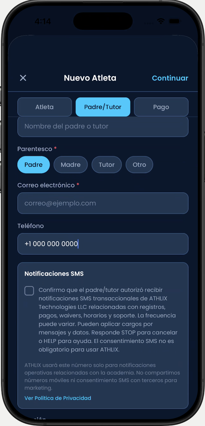 Casilla de consentimiento SMS en la app móvil (español)
