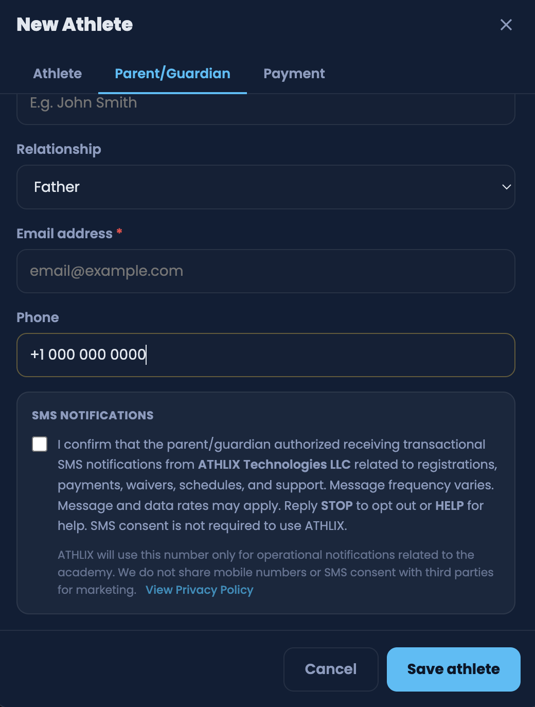 Web platform SMS consent checkbox (English)