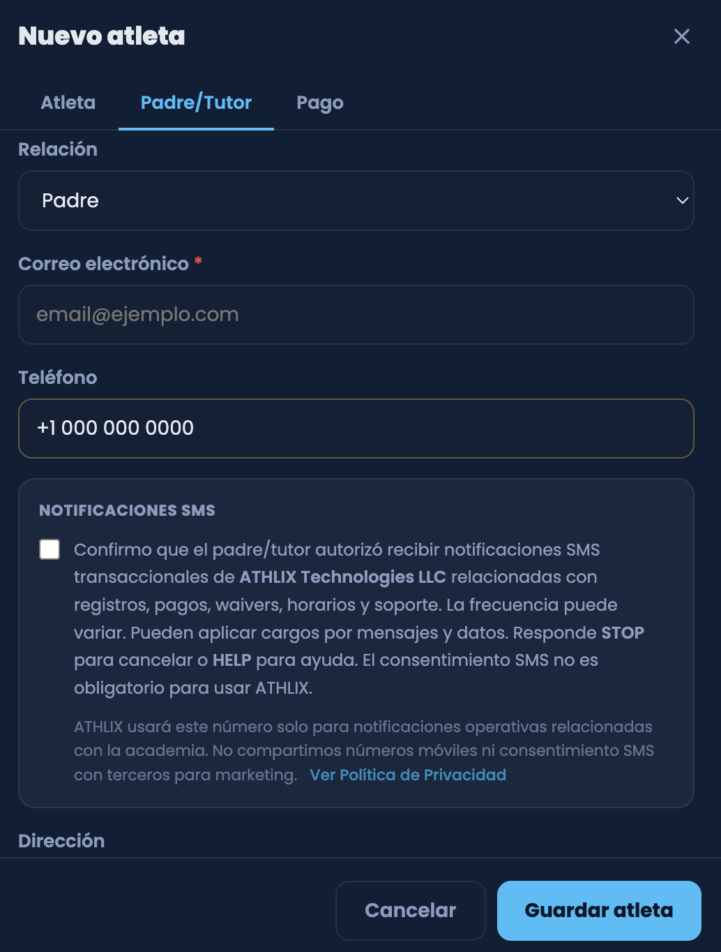 Casilla de consentimiento SMS en plataforma web (español)